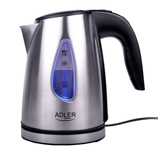 Adler AD1203 Jarro Eléctrica, 1,7 L, Chaleira Eléctrica, Aço Inoxidável sem BPA, Interior Iluminado, Sem Fios, Resistência Escondida, 1600, Prata