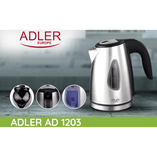 Adler AD1203 Jarro Eléctrica, 1,7 L, Chaleira Eléctrica, Aço Inoxidável sem BPA, Interior Iluminado, Sem Fios, Resistência Escondida, 1600, Prata