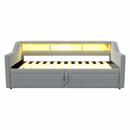 Cama ninho 90180 x 200 cm - Sofá-cama extensível, com arrumação, luz LED e porta USB, com estrado - Cinza claro
