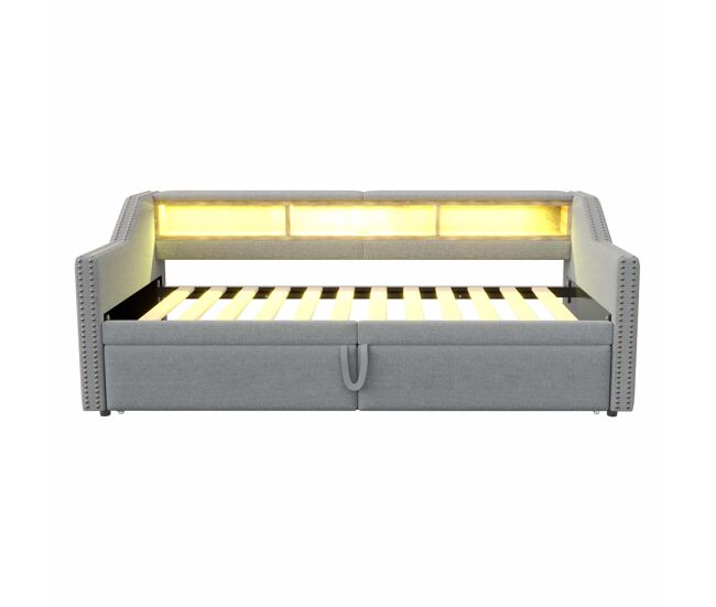 Cama nido 90/180 x 200 cm - sofá cama extensible, con almacenamiento, luz led y puerto usb, con somier - gris claro