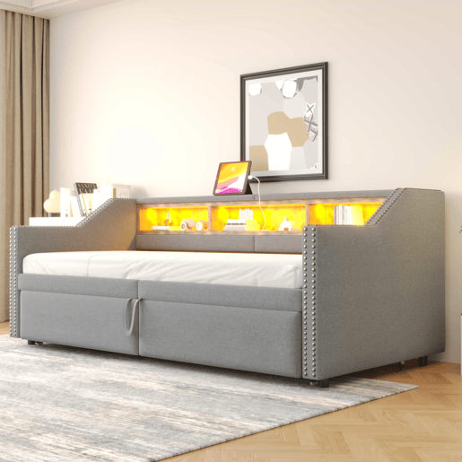 Cama ninho 90180 x 200 cm - Sofá-cama extensível, com arrumação, luz LED e porta USB, com estrado - Cinza claro