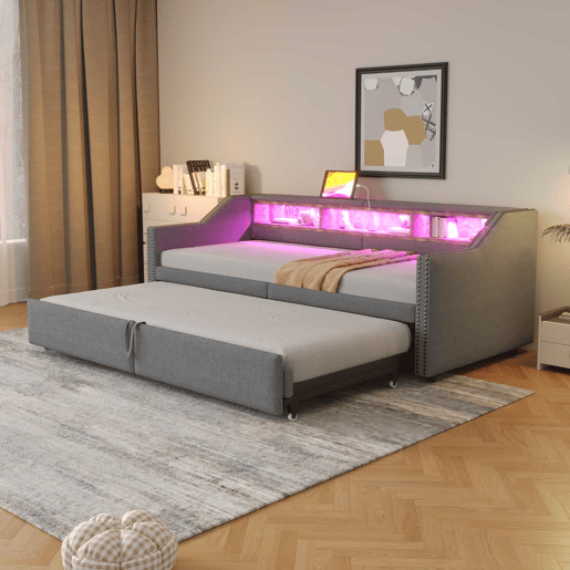 Cama ninho 90180 x 200 cm - Sofá-cama extensível, com arrumação, luz LED e porta USB, com estrado - Cinza claro