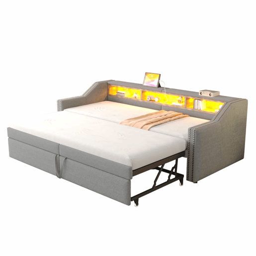 Cama ninho 90180 x 200 cm - Sofá-cama extensível, com arrumação, luz LED e porta USB, com estrado - Cinza claro