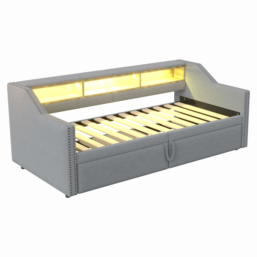 Cama ninho 90180 x 200 cm - Sofá-cama extensível, com arrumação, luz LED e porta USB, com estrado - Cinza claro