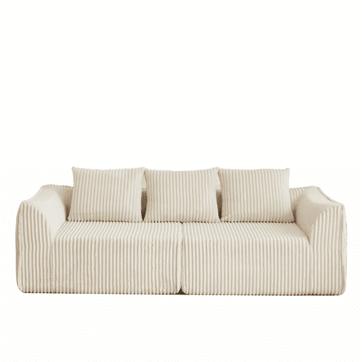 Sofá minimalista de 3 lugares - Linhas suaves, encosto inclinado e 2 almofadas - Bege