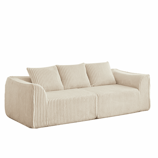 Sofá minimalista de 3 lugares - Linhas suaves, encosto inclinado e 2 almofadas - Bege