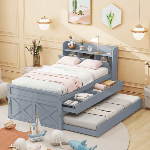 Cama de rodízio em madeira maciça - 90x190cm - com 2 gavetas e porta de carregamento USB na prateleira - Cinzento