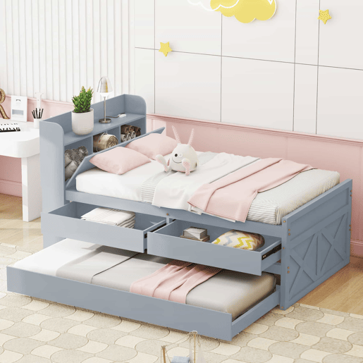 Cama de rodízio em madeira maciça - 90x190cm - com 2 gavetas e porta de carregamento USB na prateleira - Cinzento