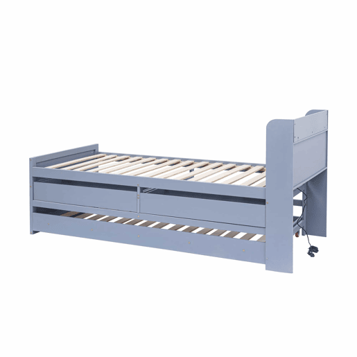 Cama de rodízio em madeira maciça - 90x190cm - com 2 gavetas e porta de carregamento USB na prateleira - Cinzento