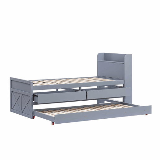 Cama de rodízio em madeira maciça - 90x190cm - com 2 gavetas e porta de carregamento USB na prateleira - Cinzento