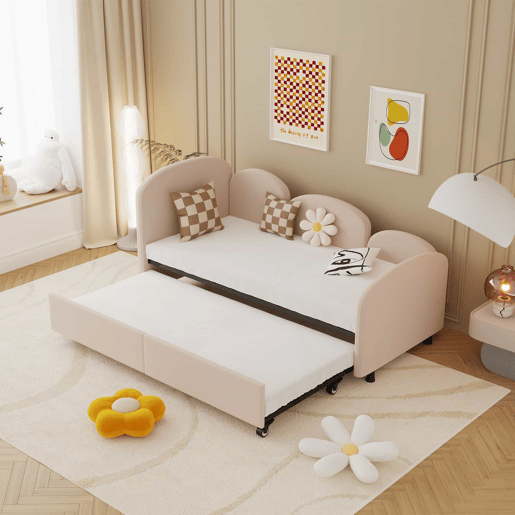 Sofá-cama tamanho twin - com gavetas de arrumação, estofado em veludo - rosa