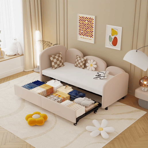 Sofá-cama tamanho twin - com gavetas de arrumação, estofado em veludo - rosa