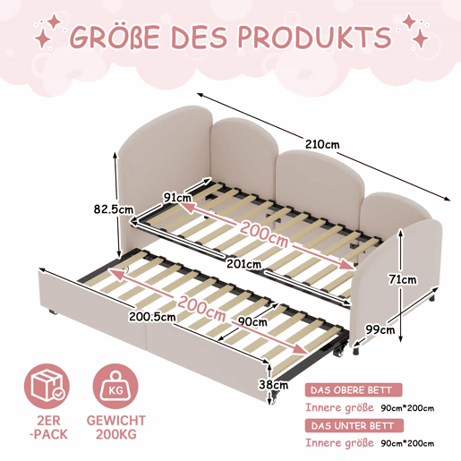Sofá-cama tamanho twin - com gavetas de arrumação, estofado em veludo - rosa