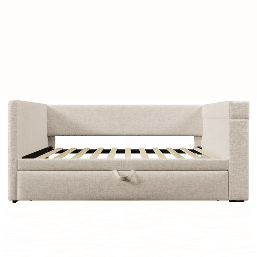 Daybett 90x190 cm - Sofá-cama individual com cama extraível, braços com portas USB e Type-C e porta-copos - Bege