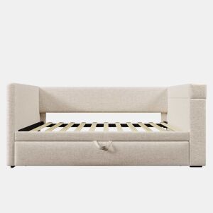 Daybett 90x190 cm - Sofá-cama individual com cama extraível, braços com portas USB e Type-C e porta-copos - Bege