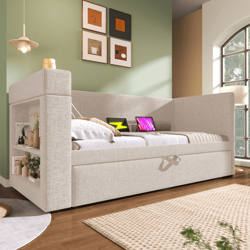 Daybett 90x190 cm - Sofá-cama individual com cama extraível, braços com portas USB e Type-C e porta-copos - Bege