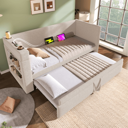 Daybett 90x190 cm - Sofá-cama individual com cama extraível, braços com portas USB e Type-C e porta-copos - Bege