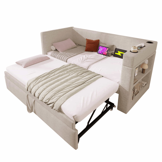 Daybett 90x190 cm - Sofá-cama individual com cama extraível, braços com portas USB e Type-C e porta-copos - Bege