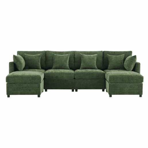 Sofá modular de 6 lugares - convertível em U e L, com 2 pufes e 6 almofadas, em chenille moderna - verde