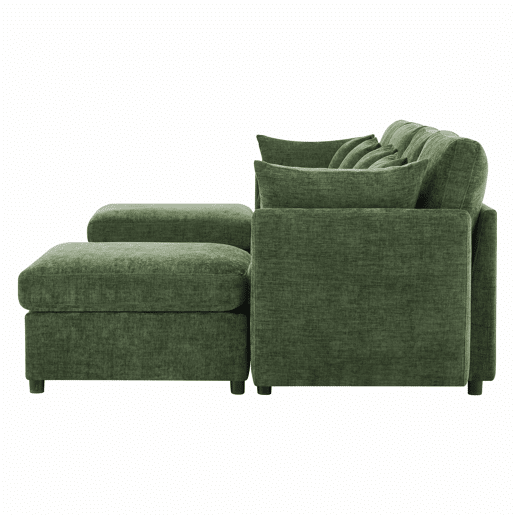 Sofá modular de 6 lugares - convertível em U e L, com 2 pufes e 6 almofadas, em chenille moderna - verde