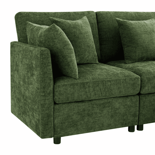Sofá modular de 6 lugares - convertível em U e L, com 2 pufes e 6 almofadas, em chenille moderna - verde