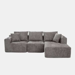 Sofá modular de canto 261×165 cm - em forma de L, assento profundo, sem montagem, com porta-copos - cinzento escuro