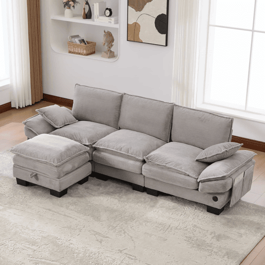 Sofá modular de 3 lugares - assento largo, design ergonómico, espuma de alta densidade, USB-C e bolsos laterais - cinzento claro