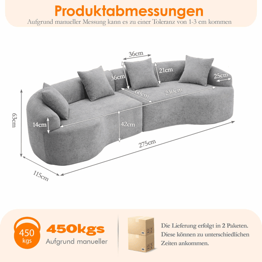 Sofá modular de 4 lugares - Moderno, confortável e compacto, pronto a usar - Cinzento