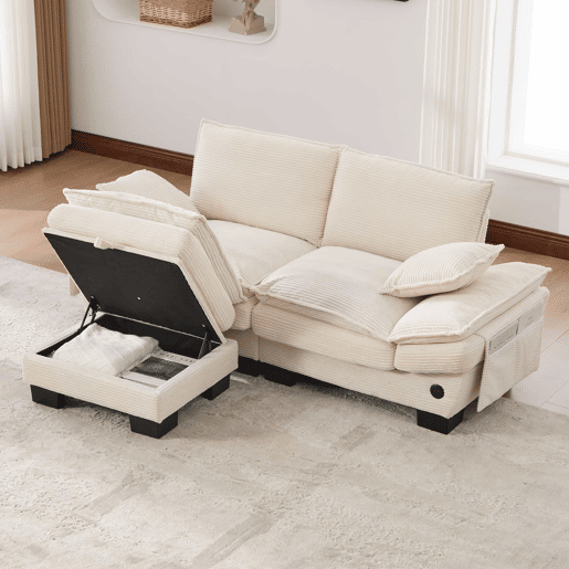 Sofá modular de 2 lugares - assento largo, design ergonómico, espuma de alta densidade, porta USB-C e bolsos laterais - bege
