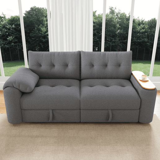 Sofá de 2 lugares - modular, com arrumação, apoio para a cabeça e mesa auxiliar integrada - cinzento Sofá de 2 lugares - modular, com arrumação, apoio para a cabeça e mesa auxiliar integrada - cinzento