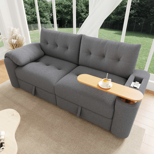 Sofá de 2 lugares - modular, com arrumação, apoio para a cabeça e mesa auxiliar integrada - cinzento Sofá de 2 lugares - modular, com arrumação, apoio para a cabeça e mesa auxiliar integrada - cinzento