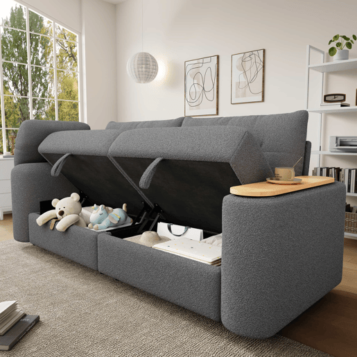 Sofá de 2 lugares - modular, com arrumação, apoio para a cabeça e mesa auxiliar integrada - cinzento Sofá de 2 lugares - modular, com arrumação, apoio para a cabeça e mesa auxiliar integrada - cinzento
