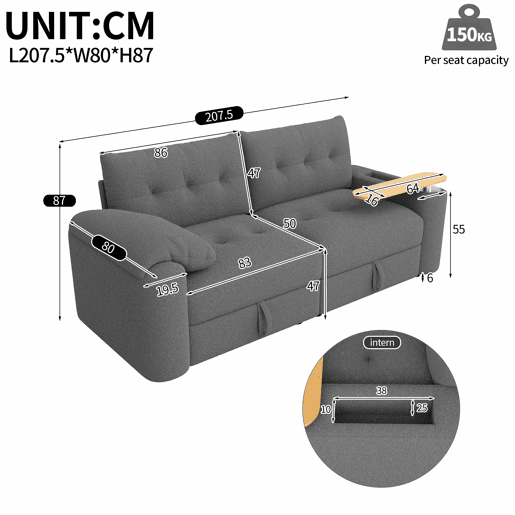 Sofá de 2 lugares - modular, com arrumação, apoio para a cabeça e mesa auxiliar integrada - cinzento Sofá de 2 lugares - modular, com arrumação, apoio para a cabeça e mesa auxiliar integrada - cinzento