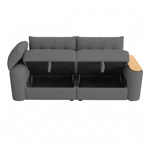 Sofá de 2 lugares - modular, com arrumação, apoio para a cabeça e mesa auxiliar integrada - cinzento Sofá de 2 lugares - modular, com arrumação, apoio para a cabeça e mesa auxiliar integrada - cinzento
