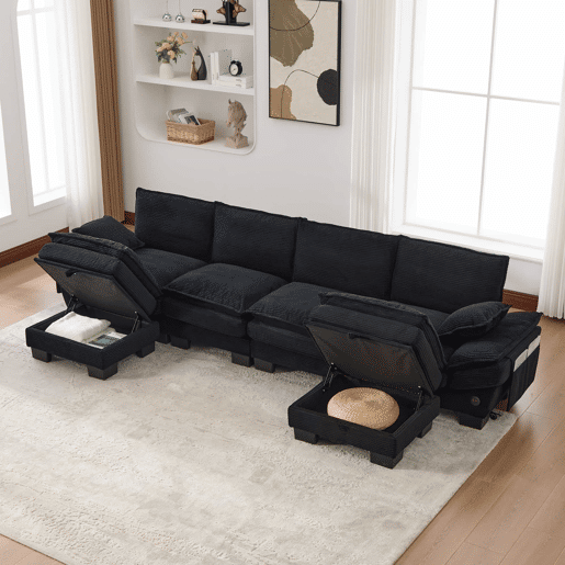 Sofá modular de 4 lugares - assento amplo, design ergonómico, espuma de alta densidade, porta USB-C e bolsos laterais - preto