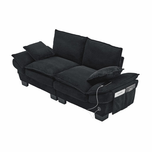 Sofá modular de 2 lugares - assento amplo, design ergonómico, espuma de alta densidade, porta USB-C e bolsos laterais - preto