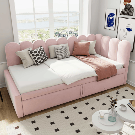 Sofá-cama multifuncional 90180x200 cm - design em L, cama para crianças ou convidados, rosa veludo