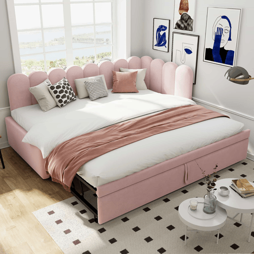 Sofá-cama multifuncional 90180x200 cm - design em L, cama para crianças ou convidados, rosa veludo