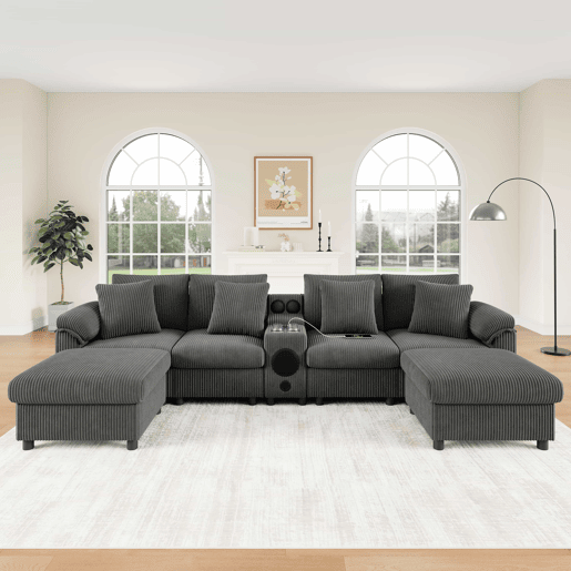Sofá modular em forma de U e L com 6 lugares u2013 com altifalante Bluetooth, consola, arrumação, carregamento sem fios, portas USB, porta-copos e almofadas u2013 cinzento