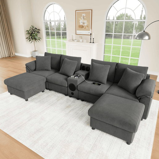 Sofá modular em forma de U e L com 6 lugares u2013 com altifalante Bluetooth, consola, arrumação, carregamento sem fios, portas USB, porta-copos e almofadas u2013 cinzento