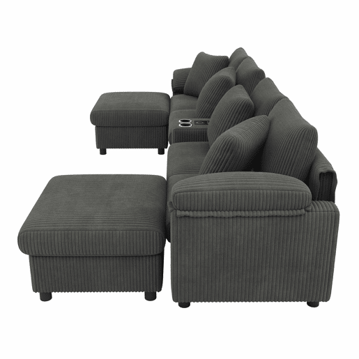 Sofá modular em forma de U e L com 6 lugares u2013 com altifalante Bluetooth, consola, arrumação, carregamento sem fios, portas USB, porta-copos e almofadas u2013 cinzento
