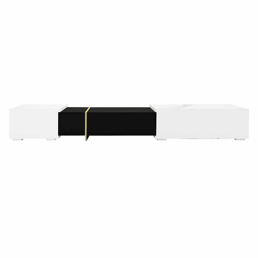 Suporte de TV ajustável em comprimento (140-260 cm) - 3 portas com dobradiças - aspeto de mármore branco - Preto e branco