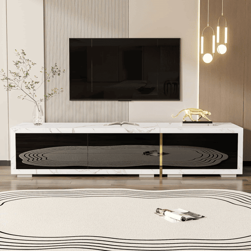 Suporte de TV ajustável em comprimento (140-260 cm) - 3 portas com dobradiças - aspeto de mármore branco - Preto e branco