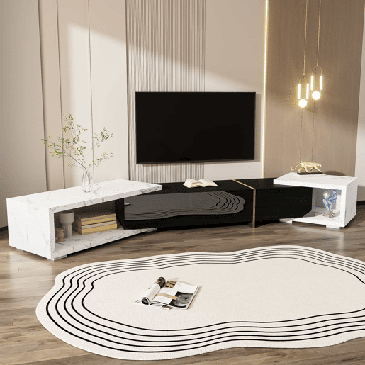 Suporte de TV ajustável em comprimento (140-260 cm) - 3 portas com dobradiças - aspeto de mármore branco - Preto e branco
