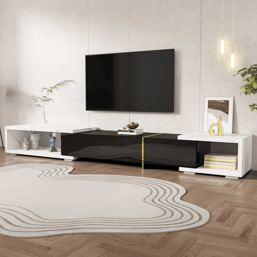 Suporte de TV ajustável em comprimento (140-260 cm) - 3 portas com dobradiças - aspeto de mármore branco - Preto e branco
