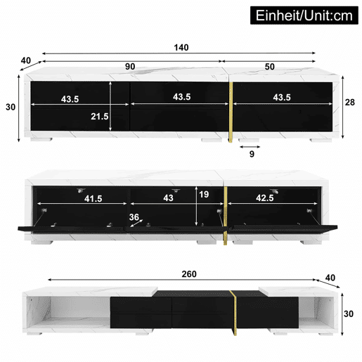 Suporte de TV ajustável em comprimento (140-260 cm) - 3 portas com dobradiças - aspeto de mármore branco - Preto e branco