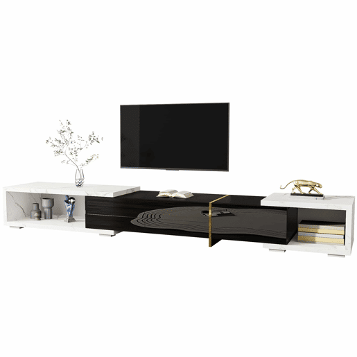 Suporte de TV ajustável em comprimento (140-260 cm) - 3 portas com dobradiças - aspeto de mármore branco - Preto e branco