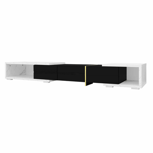 Suporte de TV ajustável em comprimento (140-260 cm) - 3 portas com dobradiças - aspeto de mármore branco - Preto e branco