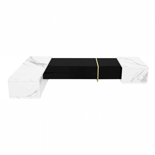 Suporte de TV ajustável em comprimento (140-260 cm) - 3 portas com dobradiças - aspeto de mármore branco - Preto e branco