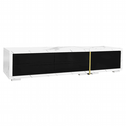 Suporte de TV ajustável em comprimento (140-260 cm) - 3 portas com dobradiças - aspeto de mármore branco - Preto e branco
